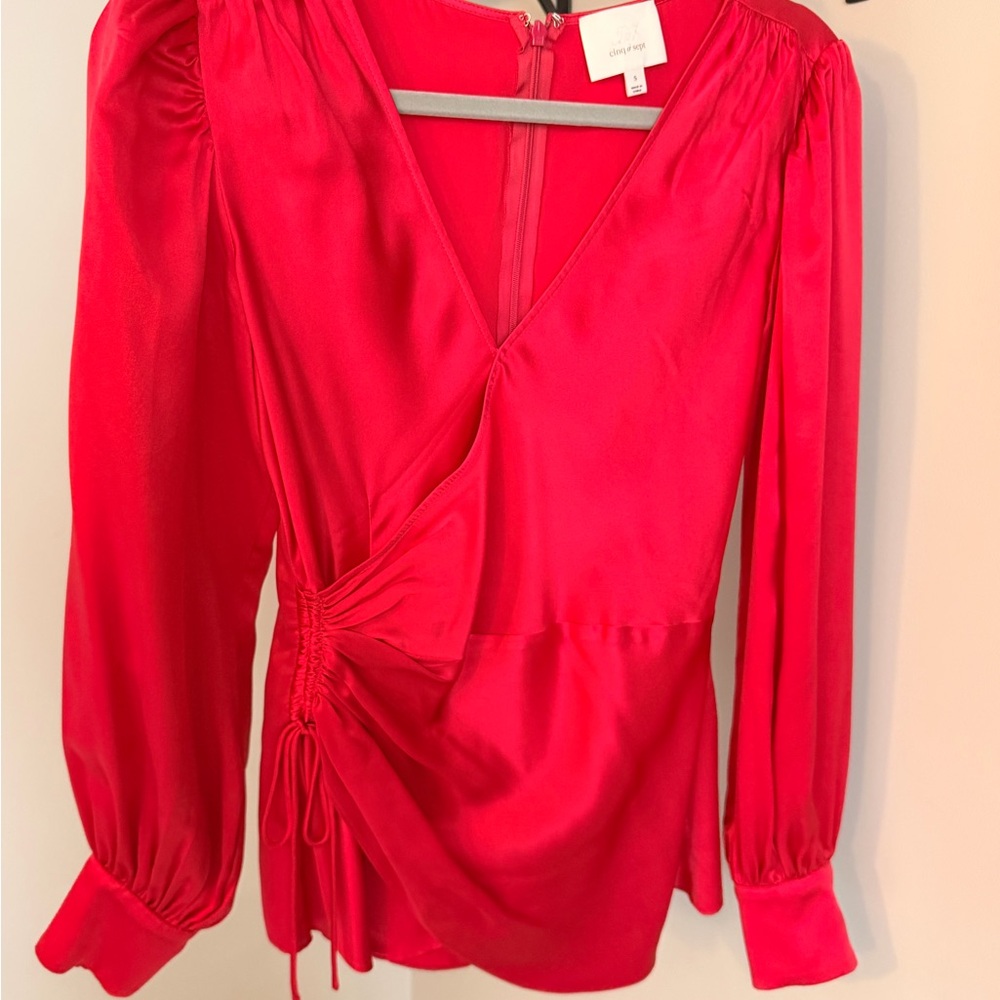 Cinq A Sept Fuchsia Satin Ruched Wrap Blouse